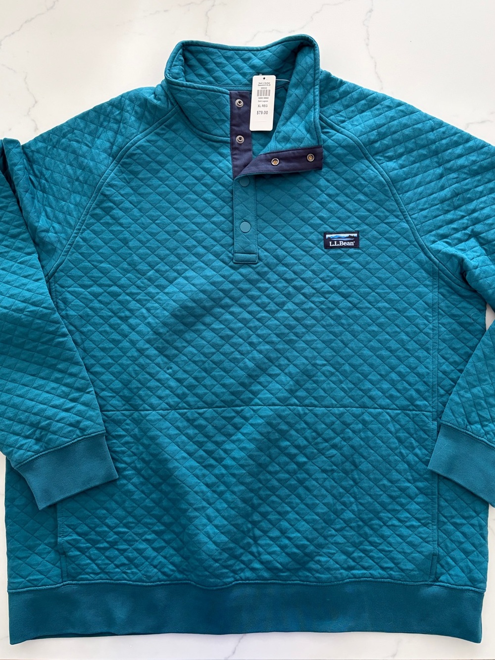 LL Bean XL Men's Quilted Sweatshirt, Mock neck Blue Green NWT